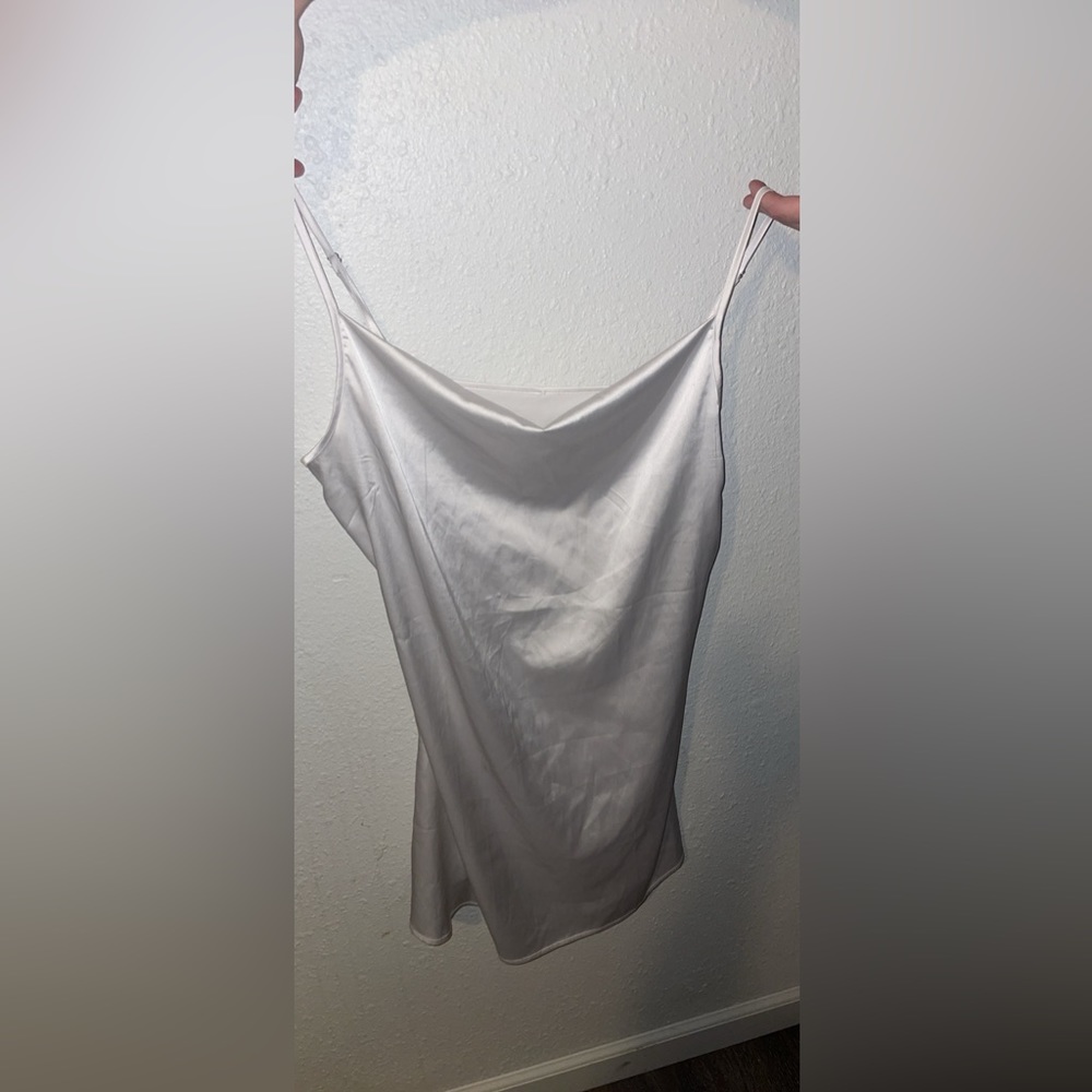 white silk dress. it’s supposed to be a petite coat but i wore it as a dress